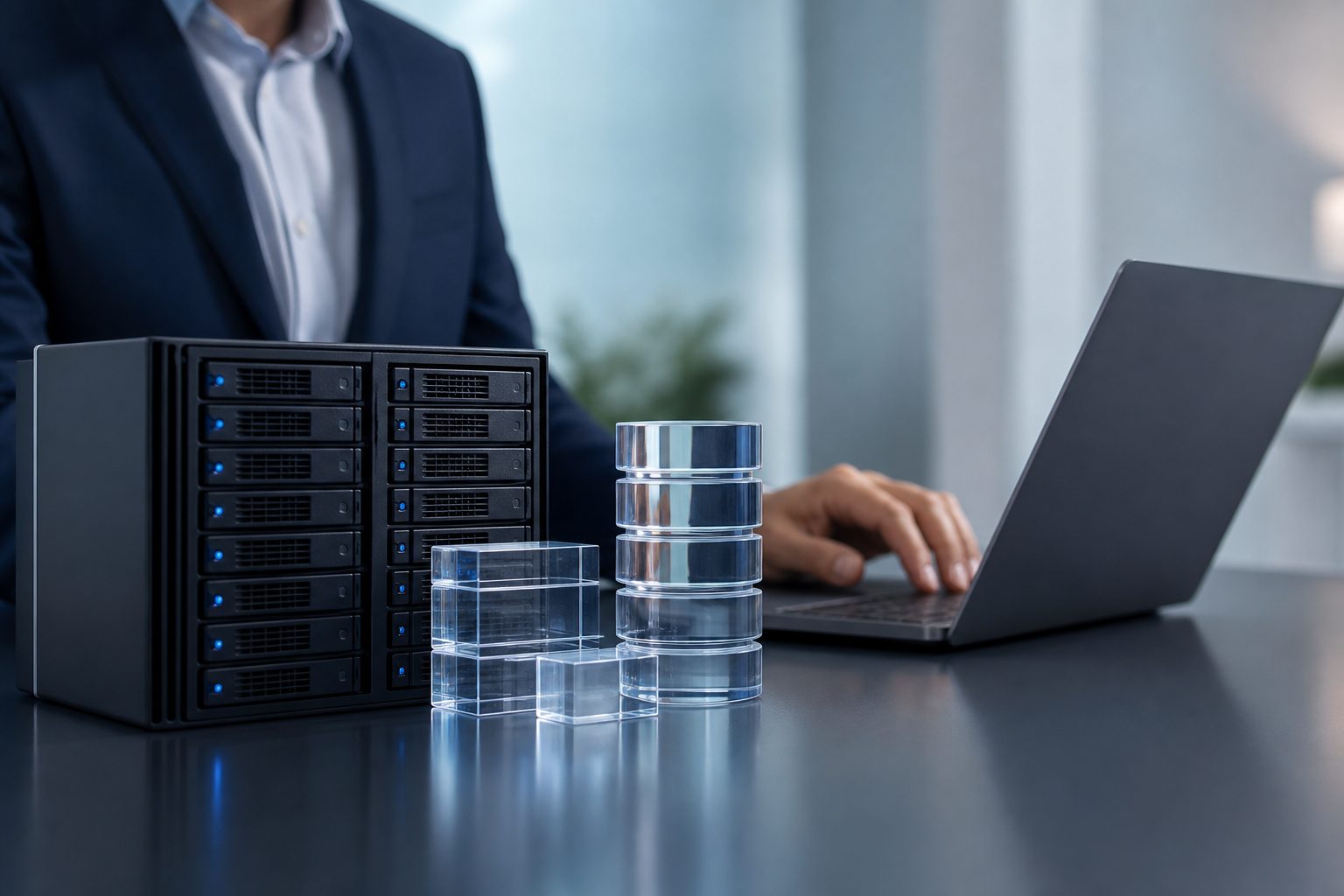 Laptop screen showing MySQL queries and database tables